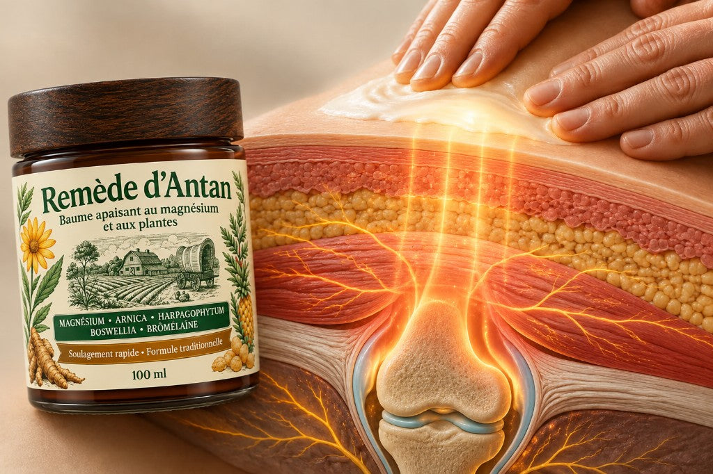 Remède d'Antan appliqué sur la peau — pénétration vers l'articulation
