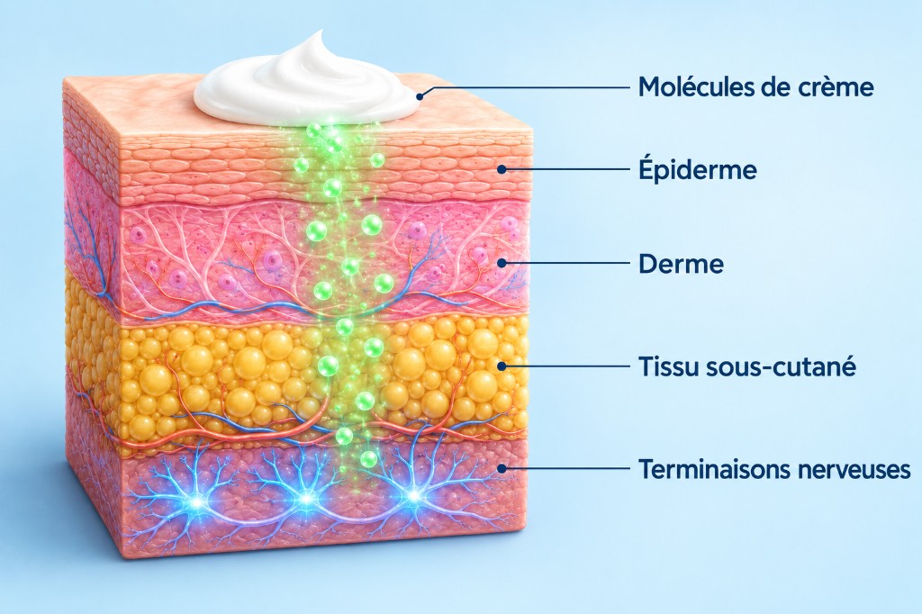 Schéma : les molécules de crème atteignent les terminaisons nerveuses