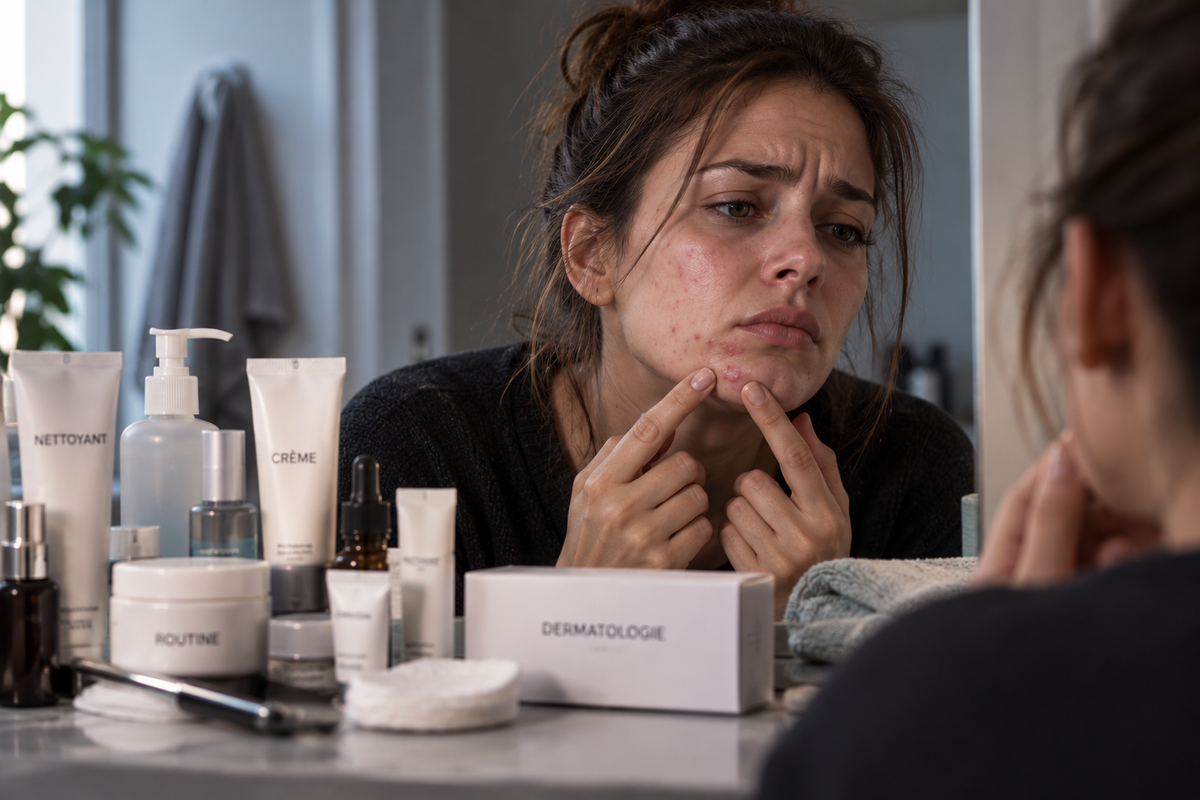 VISUEL 3 — Femme au bureau, main sur le visage.