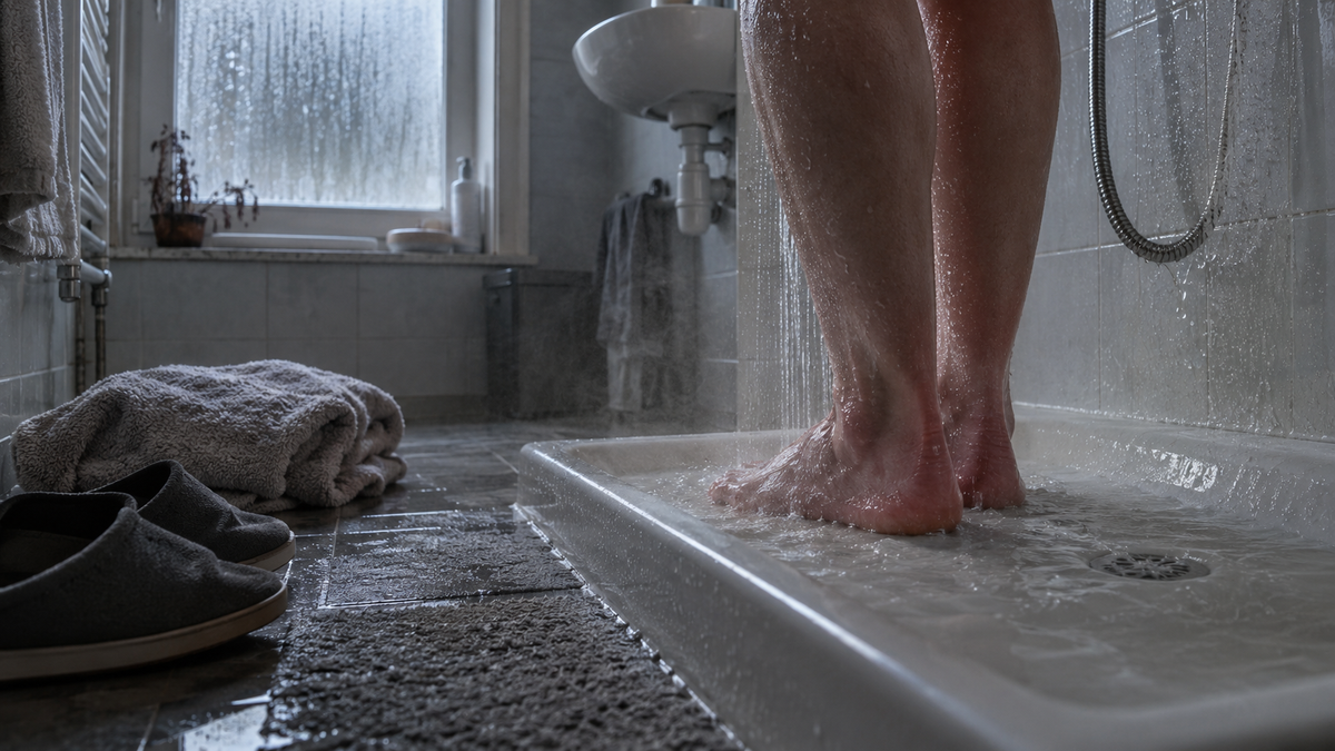 VISUEL 2 — Femme debout devant un lavabo, les deux pieds sous l\