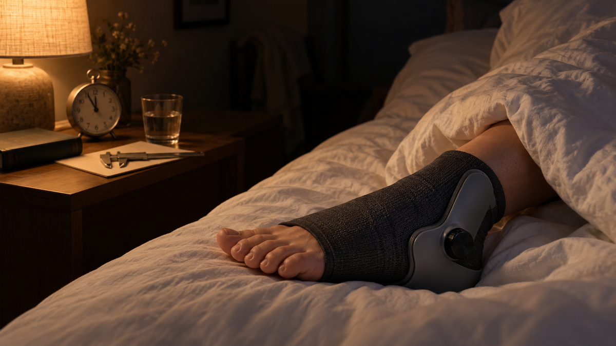 VISUEL 9 — Pied à coulisse et carte de suivi sur le lit.