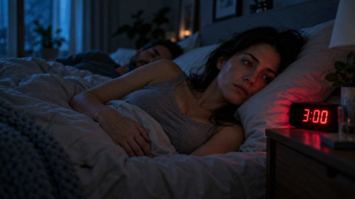 VISUEL 2 — Homme réveillé dans son lit en pleine nuit, réveil affichant 3:00 en rouge.