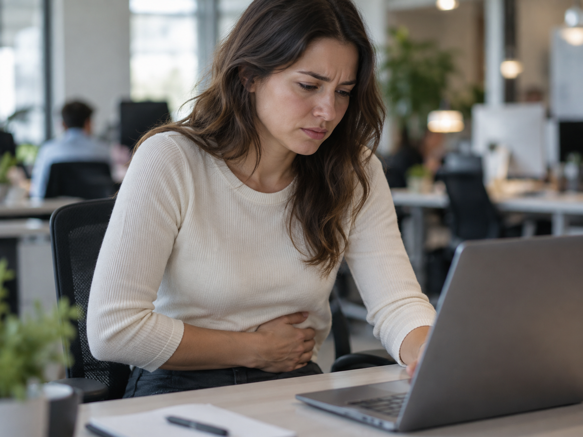VISUEL 3 — Homme assis à son bureau devant un ordinateur portable, une main dans le dos, visage tendu.
