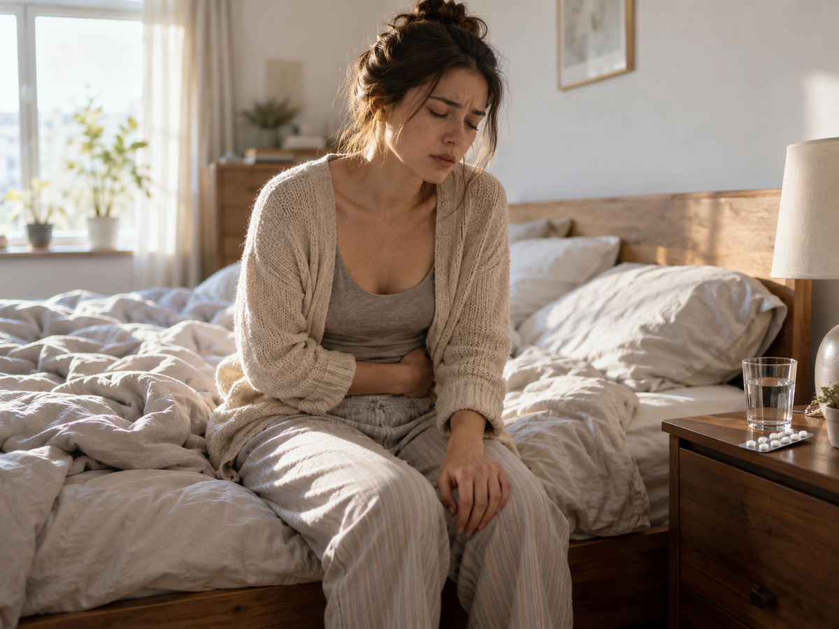 VISUEL 4 — Personne assise au bord du lit le matin, main sur les lombaires, chambre claire.